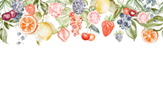 Watercolor banner frame featuring fruit and berries in botanical style. Hand drawn lemon strawberry and mixed forest fruits with summer theme decorative border and copy space for design use. png