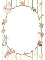 Striped template includes seafood illustrations like lobster shrimp crab and shellfish. Border pattern and hand drawn watercolor elements. Suitable for menus invitations and party backdrops. png