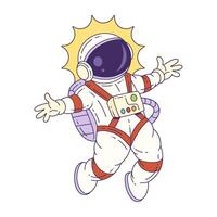 Cartoon Astronaut Mascot With Outstretched Arms Flying In Space With Sunlight Behind Helmet vector