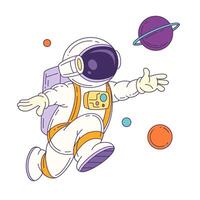 Cartoon Astronaut Mascot Floating In Space With Planets And Stars For Science Graphic Design vector
