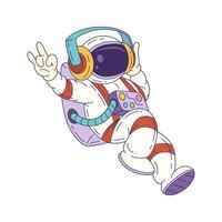 Cartoon Mascot Astronaut Wearing Headphones Floating In Space With Peace Sign And Playful Expression vector