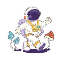 Cartoon Astronaut Mascot Surrounded By Alien Mushrooms Exploring Mysterious Planet vector