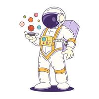 Cartoon Mascot Astronaut In White Suit Holding Planet Model For Space Education And Science Projects vector
