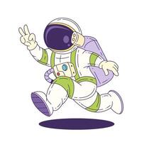 Cartoon Mascot Astronaut In Space Suit Running Showing Peace Sign Symbolizing Exploration vector