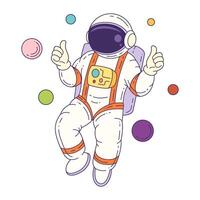 Cartoon Mascot Astronaut Floating In Outer Space With Planets For Educational Graphic Projects vector