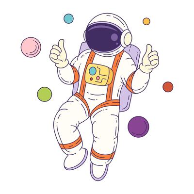 Cartoon Mascot Astronaut Floating In Outer Space With Planets For Educational Graphic Projects