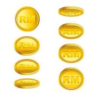Gold Malaysia Ringgit RM coins flipping in set of various angles vector
