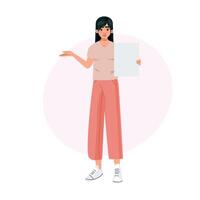 Female character with long hair, pink pants, showing empty sign, stylish minimal art for presentations vector