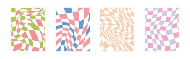 Trendy warped grid designs, colorful geometric patterns, playful pastel seamless wallpapers, stylish digital set. vector