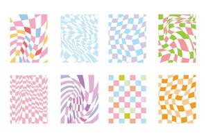 Trendy collection of warped grid and checkered designs, playful pastel patterns, stylish digital art set. vector