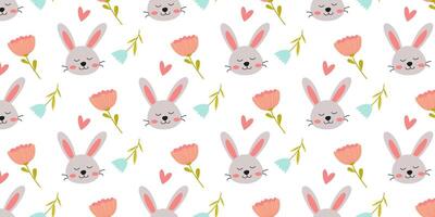 Charming pattern of cute rabbits and flowers in soft pastel colors for playful design inspiration vector