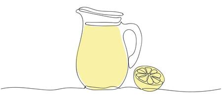 Refreshing lemon drink served in a pitcher alongside a fresh lemon slice on a minimalist background vector