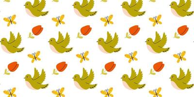 Colorful pattern featuring birds and butterflies in a vibrant design on a white background vector