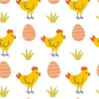 Bright yellow chickens and colorful eggs create a cheerful springtime pattern for festive celebrations and decorations vector