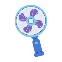 Handheld fan with a blue handle and purple blades used for cooling in hot weather vector