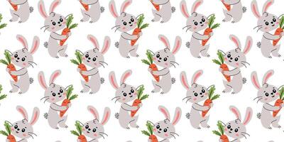 Playful bunnies holding carrots create a cheerful pattern for spring decor and children's designs vector