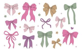 Bowknot for decoration, large set of holiday bows. Big retro hand drawn ribbon set illustration. Festive bows on a white background, illustration in flat style vector