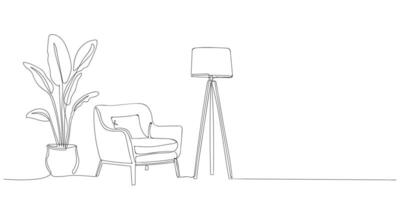 one continuous line drawing modern living room. Armchair, floor lamp in linear style. Modern interior design featuring a minimalist chair, lamp, and potted plant in simple line drawing style. vector