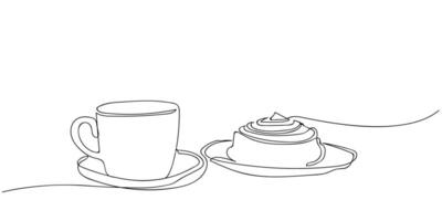 one continuous line drawing, Enjoying a warm cup of coffee alongside a delicious pastry in a cozy setting during a relaxed morning vector