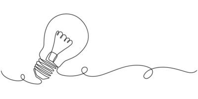 One continuous line drawing of a light bulb on a white background. Linear illustration of an electric lamp. Concept of searching for ideas, brainstorm, new technologies vector