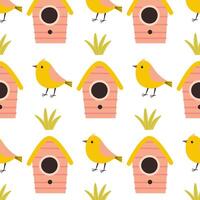 Colorful birds and birdhouses create a cheerful pattern in a playful design vector