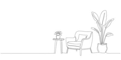 continuous line drawing showcases minimalist Scandinavian furniture and plant. Cozy corner with a modern chair and greenery in a minimalist setting. vector