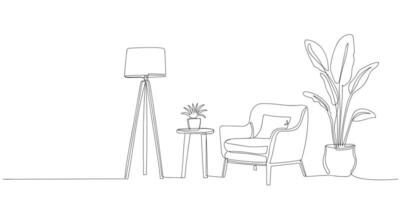 continuous line drawing showcases minimalist Scandinavian furniture, lamp and plant. Cozy corner with a modern chair and greenery in a minimalist setting. vector