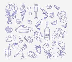 Mediterranean blue summer set. Hand drawn doodle drawing. Family dinner, picnic, breakfast with wine. Dolce vita table setting drawings for cafe or restaurant menus design. vector