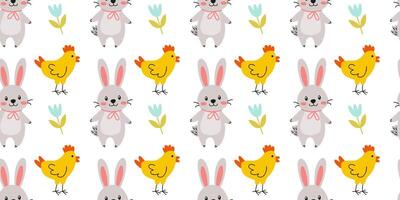 Cute bunnies and chicks pattern in vibrant colors for playful spring designs vector