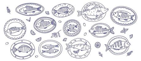 Various sketches of fish served on plates with decorative designs and garnishes in a culinary theme vector
