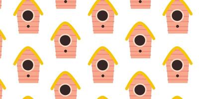 Colorful birdhouses on a white background create a cheerful pattern design for home decor and crafts vector