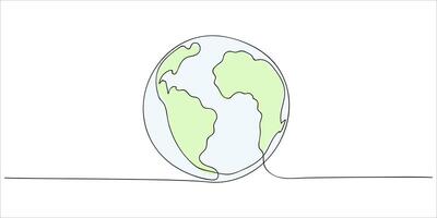 Earth depicted as one continuous line drawing. with green continents and blue oceans, showcasing minimalist lineart illustration. Doodle style. vector