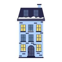 Blue house with snowy roof and glowing windows set against a winter backdrop during the evening vector