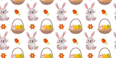 Cute pattern featuring rabbits, baskets, and flowers perfect for springtime celebrations and Easter-themed projects vector