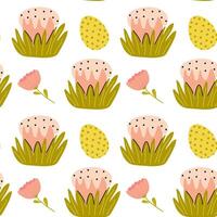 Delightful spring patterns featuring decorated eggs and floral designs on a white background vector