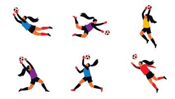 Dynamic Female Soccer Goalkeepers in Action A Collection of Energetic Illustrations Showing Diverse Women Making Impressive Saves on a White Background vector