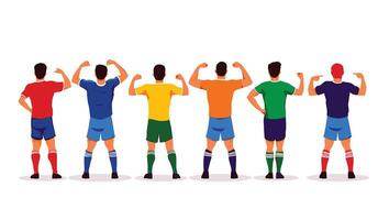 Seven Proud Soccer Players Showcasing Muscles in Vibrant Uniforms on a White Background - Professional digital artwork with vibrant colors and detailed composition vector