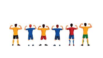 Six Confident Soccer Players Flexing Muscles in a Row, Showing Strength and Unity on White Background vector