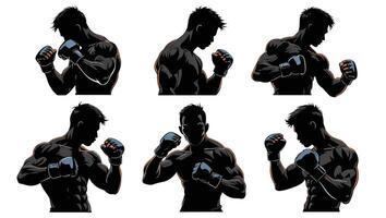 Intense Silhouette of a Muscular Mixed Martial Arts Fighter in Six Striking Poses, Displaying Power and Determination vector