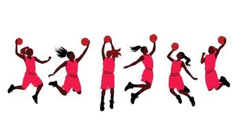 Dynamic Silhouettes of Female Basketball Players in Action, Energetic and Powerful Courtside Mood - Professional digital artwork with vibrant colors and detailed composition vector
