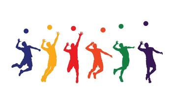 Dynamic Silhouettes of Volleyball Players Leaping and Spiking in Vibrant Colors Against a White Background vector