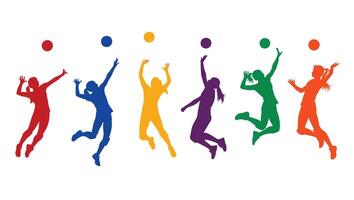 Dynamic Silhouettes of Colorful Female Volleyball Players in Action, Displaying Energetic Gameplay and a Vibrant Mood vector