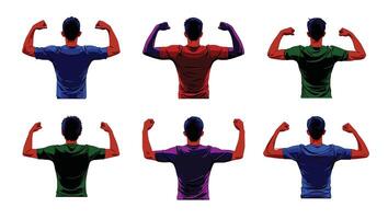 Six Muscular Men Flexing Biceps Back View, Powerful Poses, Colorful T-shirts, Studio Setting, Motivational Mood vector