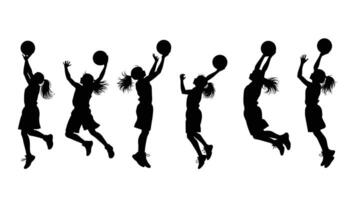 Dynamic Silhouettes of Female Basketball Players in Action Graceful Leaps and Powerful Shots - Professional digital artwork with vibrant colors and detailed composition vector