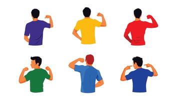 Six Men Showing Off Biceps Confident Men Posing From Behind in Colorful T-shirts, Feeling Strong and Proud vector
