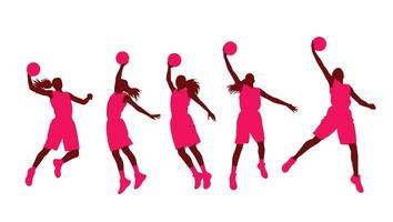 Dynamic Pink Silhouettes of Female Basketball Players in Action-Packed Game, Energetic and Powerful - Professional digital artwork with vibrant colors and detailed composition vector