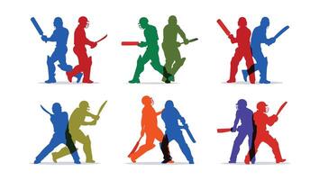 Dynamic Cricket Action Silhouettes Colorful Players Battling on the Pitch in Intense Gameplay - Professional digital artwork with vibrant colors and detailed composition vector