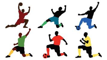 Energetic Soccer Players in Action Colorful Silhouettes Displaying Dynamic Moves on White Background - Professional digital artwork with vibrant colors and detailed composition vector