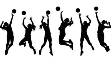 Dynamic Silhouettes of Female Volleyball Players Leaping and Spiking in Intense Action-Packed Game - Professional digital artwork with vibrant colors and detailed composition vector