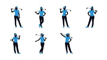 Six Silhouettes of Confident Female Golfers in Action on a White Background, Displaying Dynamic Poses and a Determined Mood vector